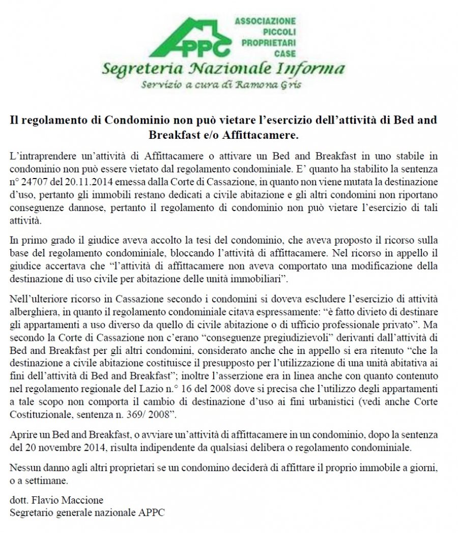 IL REGOLAMENTO DI CONDOMINIO NON PUO' VIETARE L'ATTIVITA' DI B&B E O AFFITTACAMERE