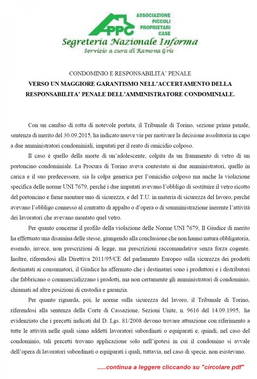 CONDOMINIO E RESPONSABILITA' PENALE