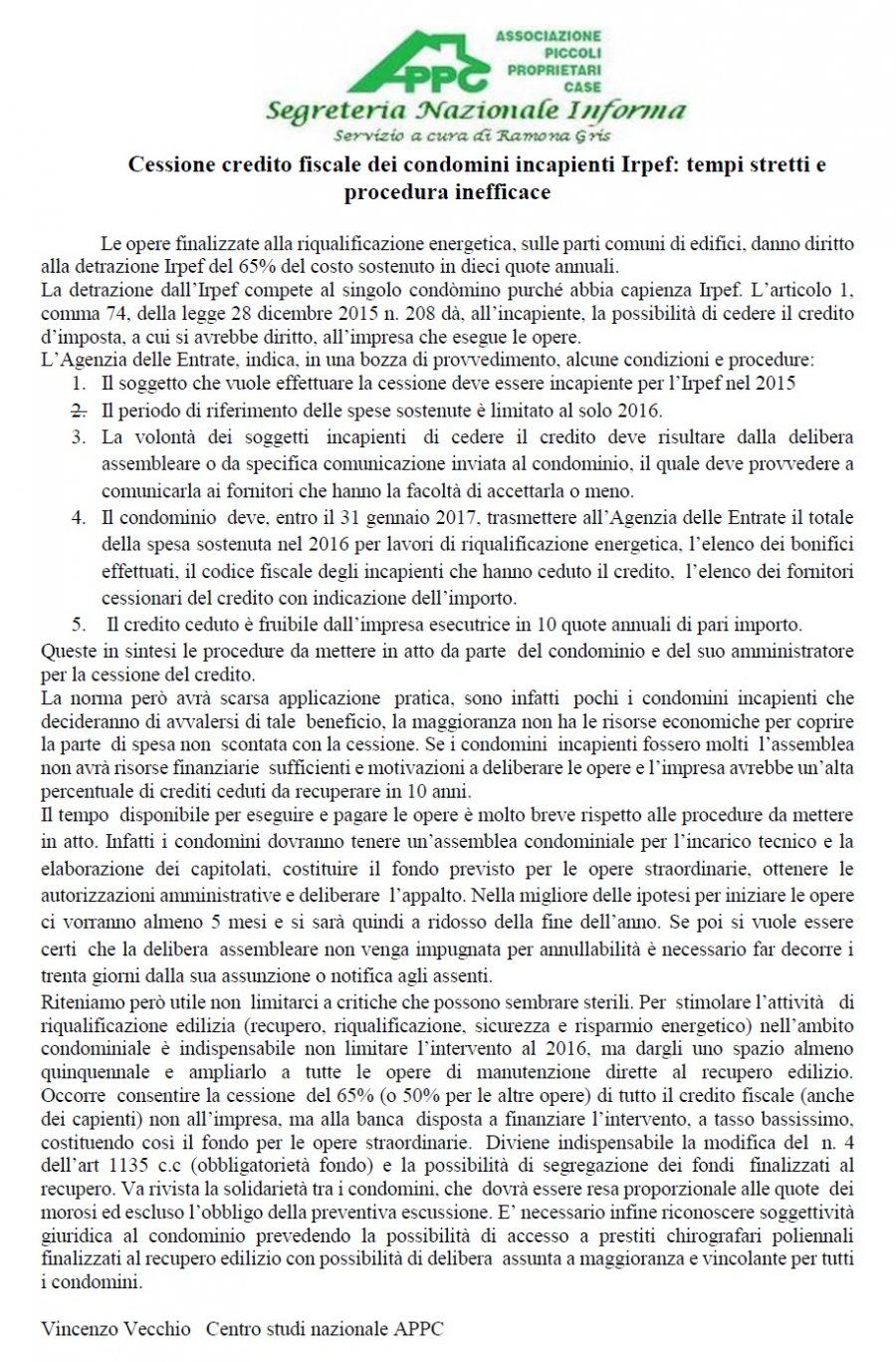 CESSIONE CREDITO FISCALE DEI CONDOMINI INCAPIENTI IRPEF