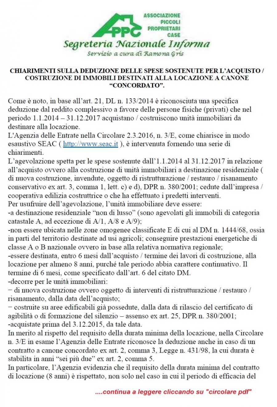 CHIARIMENTI SULLA DEDUZIONE DELLE SPESE SOSTENUTE PER L'ACQUISTO O COSTRUZIONE