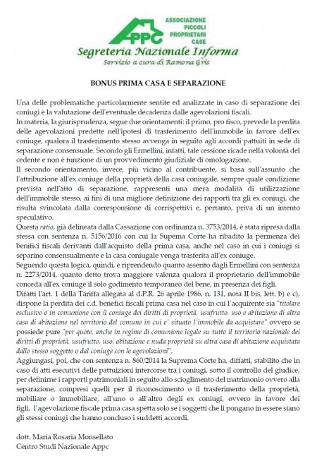 BONUS PRIMA CASA E SEPARAZIONE