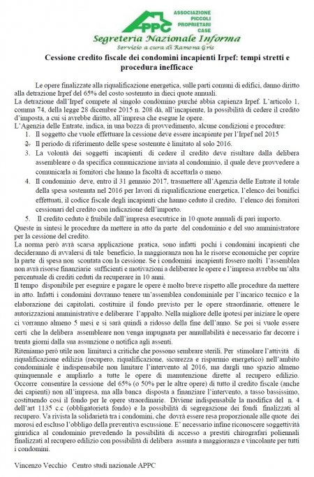 CESSIONE CREDITO FISCALE DEI CONDOMINI INCAPIENTI IRPEF